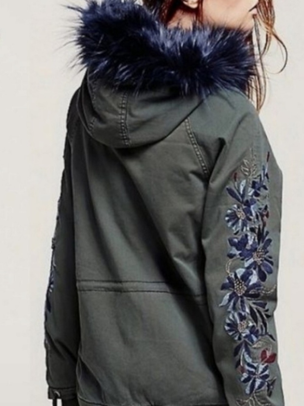 Free People Follow Me Close Jacket in Olive with Navy Faux-Fur Trim